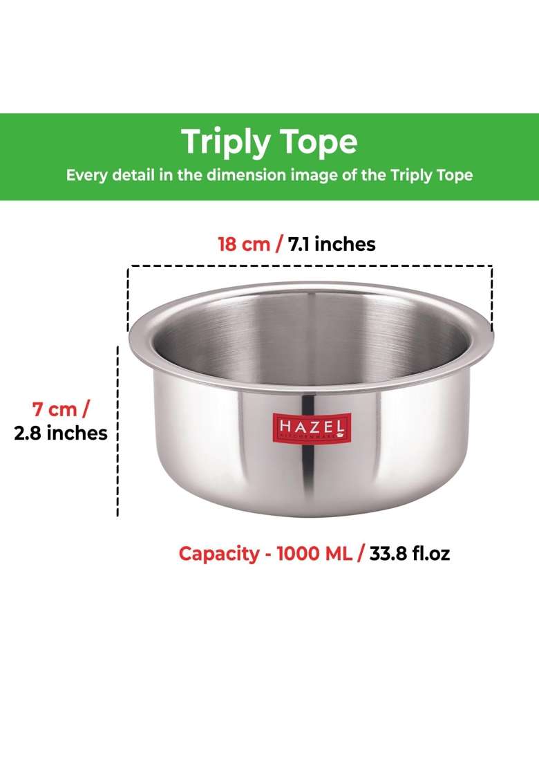 HAZEL Triply Stainless Steel Tope Cooking Pot | 1 L | 1.1 Qt | Induction Compatible | Heavy Bottom - Indya