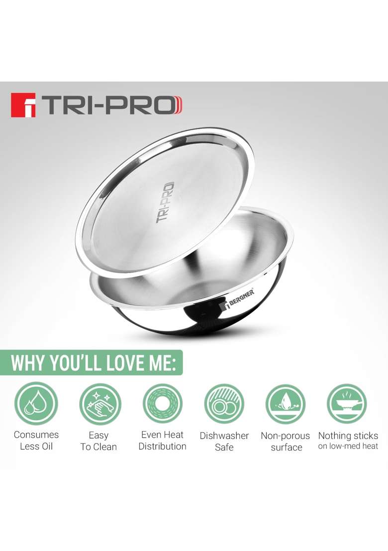BERGNER TriPro Triply Stainless Steel Cook and Serve | 3 L | 3.2 Qt | 24 cm | 9.4 Inch | Induction Compatible | With Lid - Indya