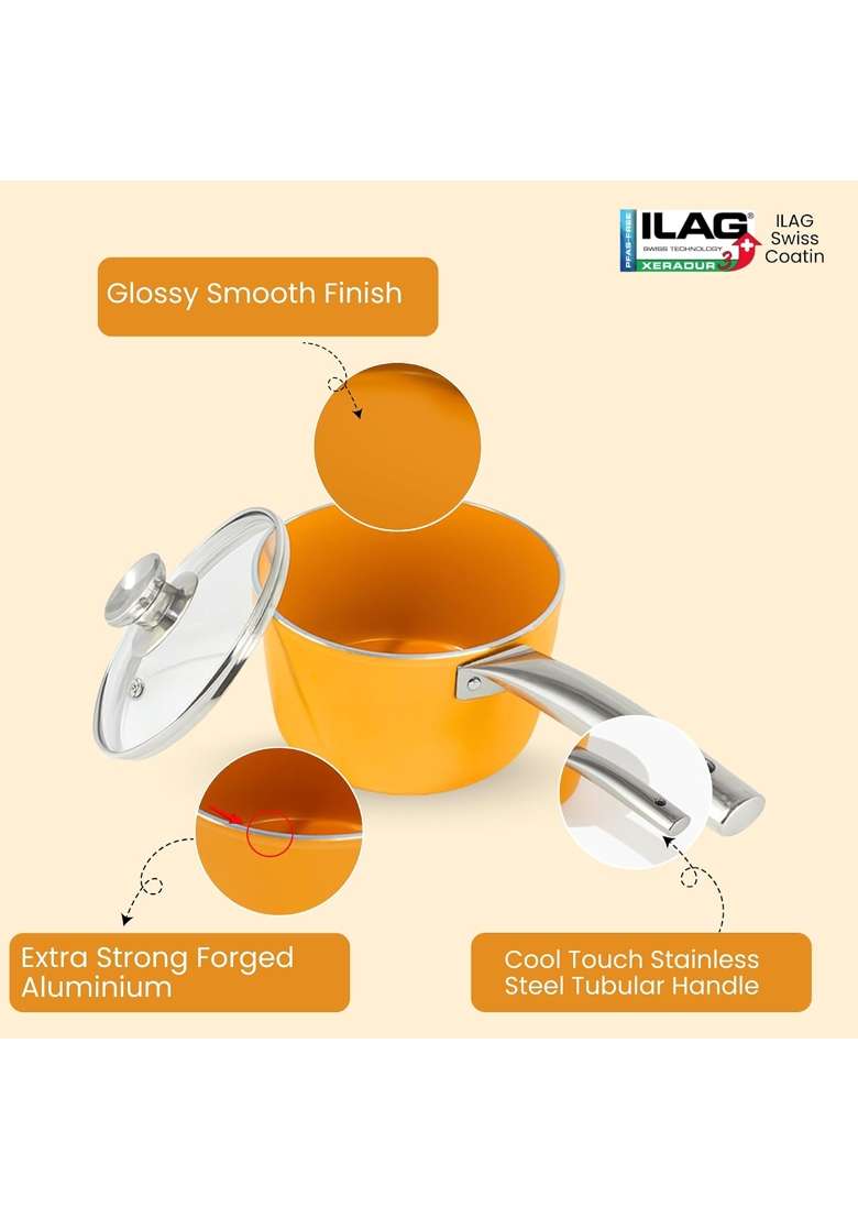 SALFORD Forged Ceramic Non-Stick Saucepan with Glass LID and Tubular SS Handle I | 1.75 L | 1.8 Qt | Induction Compatible - Indya