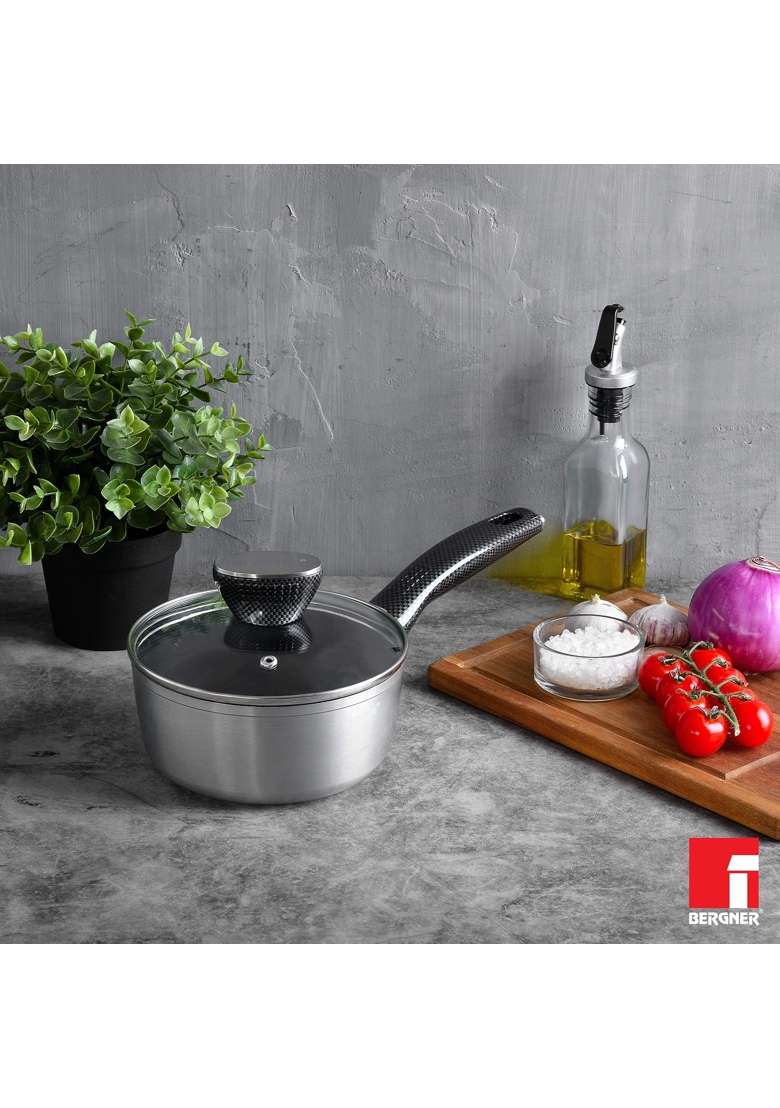 BERGNER Carbon TT Forged Aluminium Non-Stick Saucepan with Glass Lid and Induction Base | 1.3 L | 1.4 Qt | 16 cm | 6.3 Inch - Indya