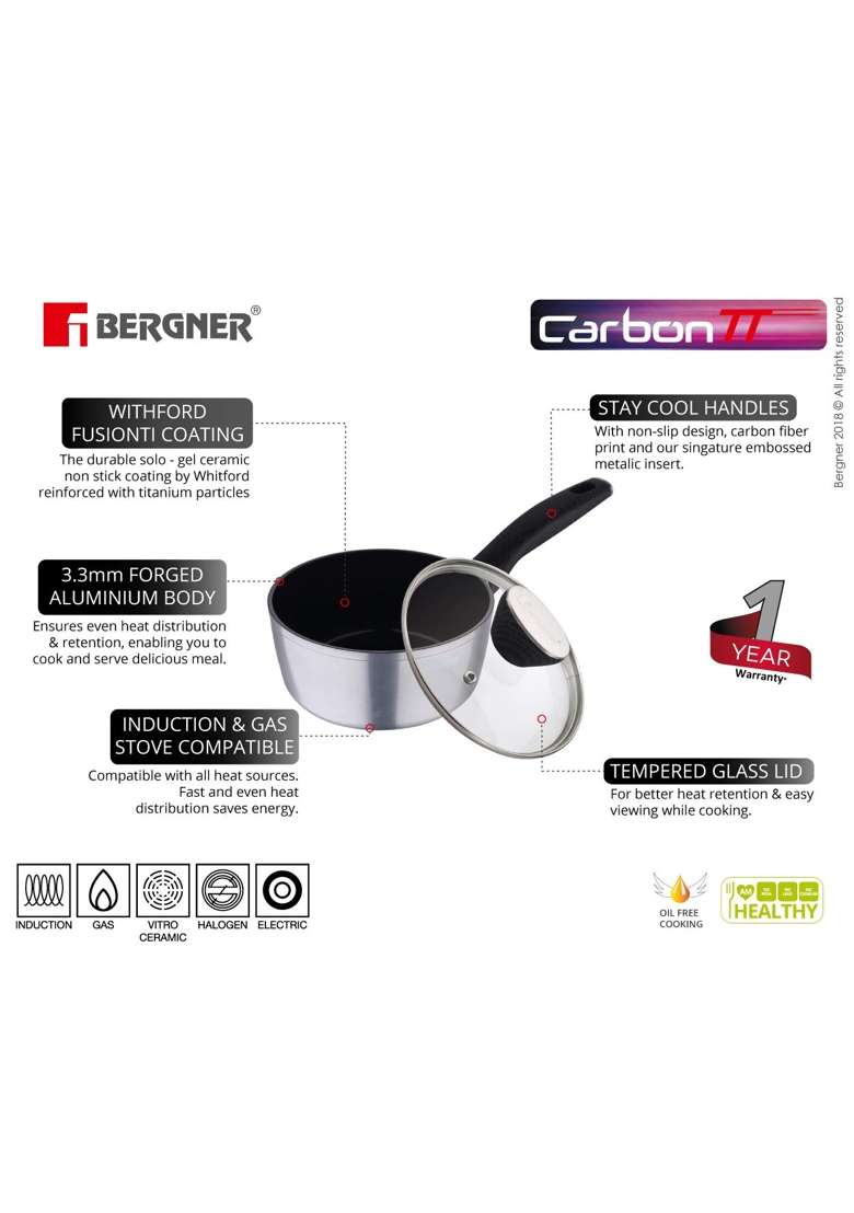 BERGNER Carbon TT Forged Aluminium Non-Stick Saucepan with Glass Lid and Induction Base | 1.3 L | 1.4 Qt | 16 cm | 6.3 Inch - Indya