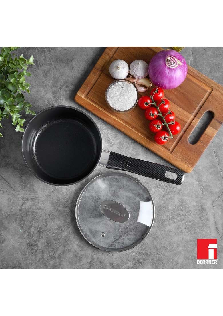 BERGNER Carbon TT Forged Aluminium Non-Stick Saucepan with Glass Lid and Induction Base | 1.3 L | 1.4 Qt | 16 cm | 6.3 Inch - Indya
