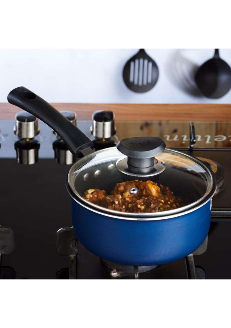 Vinod Zest Aluminium Non Stick Saucepan with Glass Lid | 1.6 L | 1.7 Qt | 16 cm | 6.3 Inch - Indya