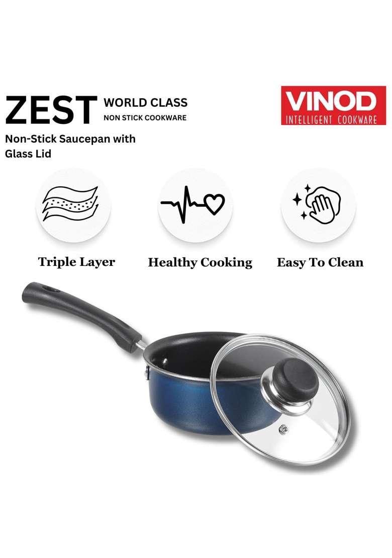 Vinod Zest Aluminium Non Stick Saucepan with Glass Lid | 1.6 L | 1.7 Qt | 16 cm | 6.3 Inch - Indya