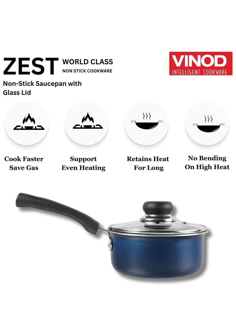 Vinod Zest Aluminium Non Stick Saucepan with Glass Lid | 1.6 L | 1.7 Qt | 16 cm | 6.3 Inch - Indya