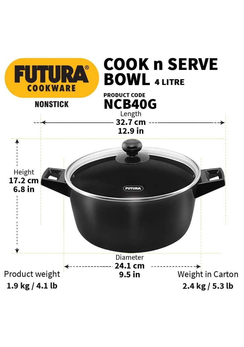 Hawkins Futura Cook N Serve Bowl | 4 L | 4.2 Qt | Non-Stick | With Lid - Indya