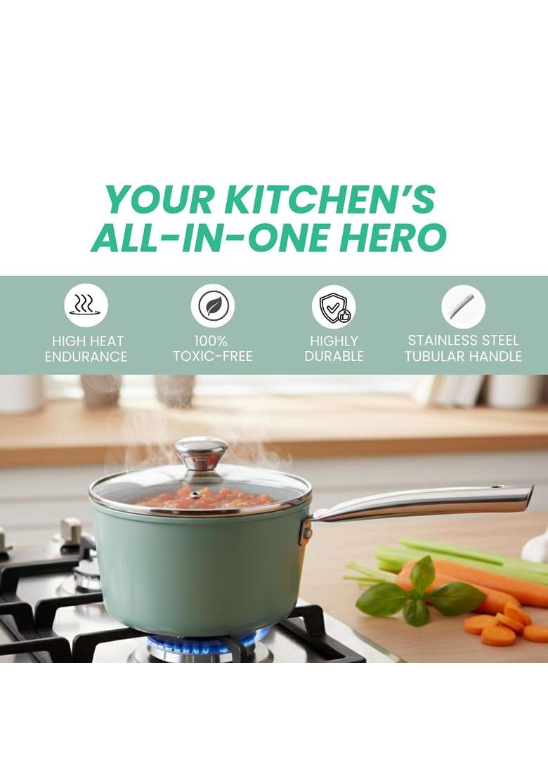 SALFORD Ceramic Sauce Pan | 1.75 L | 1.8 Qt | 16 cm | 6.3 Inch | Induction Compatible | Non-Stick | With Lid - Indya