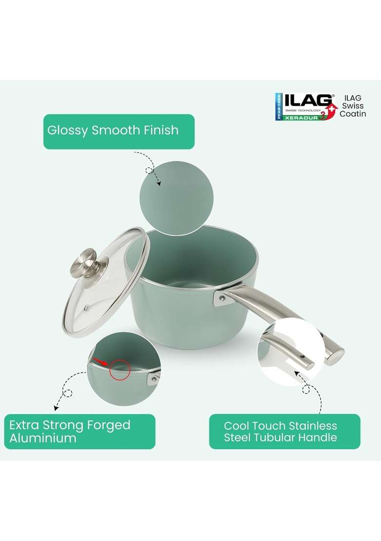SALFORD Ceramic Sauce Pan | 1.75 L | 1.8 Qt | 16 cm | 6.3 Inch | Induction Compatible | Non-Stick | With Lid - Indya