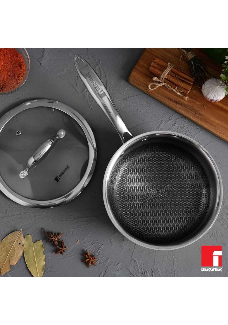 BERGNER Hitech Triply Non-Stick Saucepan | 1.6 L | 1.7 Qt | 16 cm | 6.3 Inch | Induction Compatible - Indya