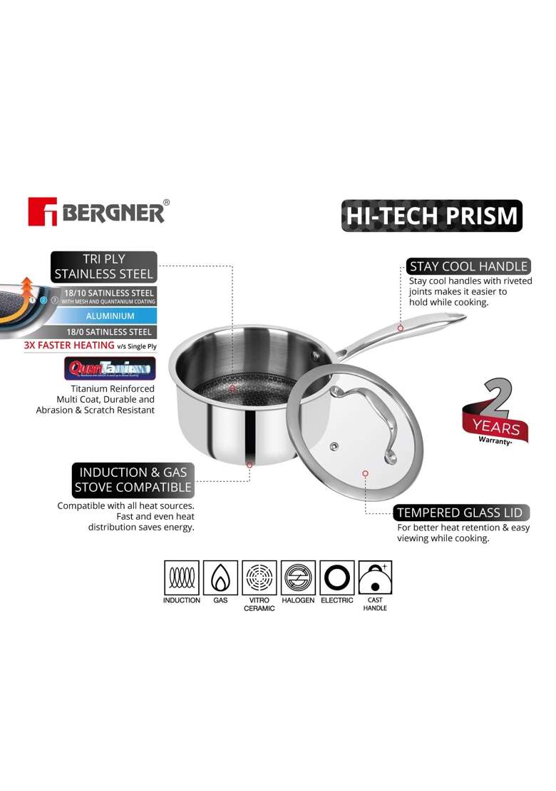 BERGNER Hitech Triply Non-Stick Saucepan | 1.6 L | 1.7 Qt | 16 cm | 6.3 Inch | Induction Compatible - Indya