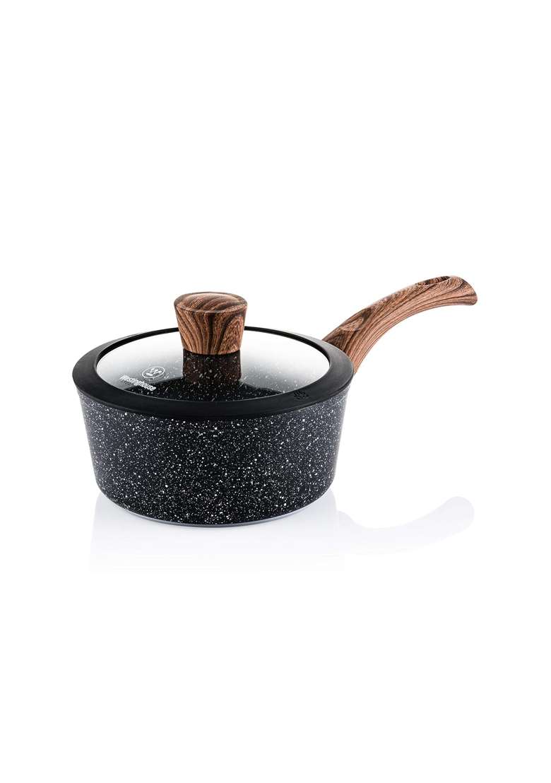 Westinghouse Black Marble Series Saucepan with Glass Lid | 18 cm | 7.1 Inch | Dishwasher Safe | Non-Stick - Indya