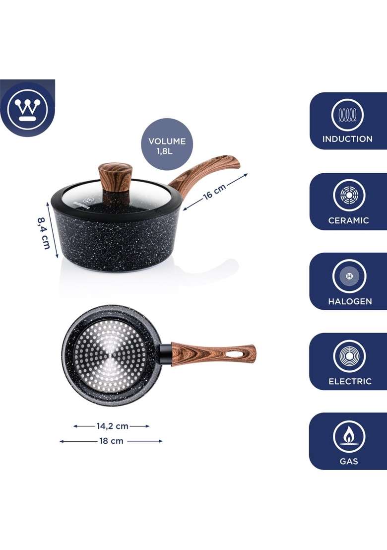 Westinghouse Black Marble Series Saucepan with Glass Lid | 18 cm | 7.1 Inch | Dishwasher Safe | Non-Stick - Indya