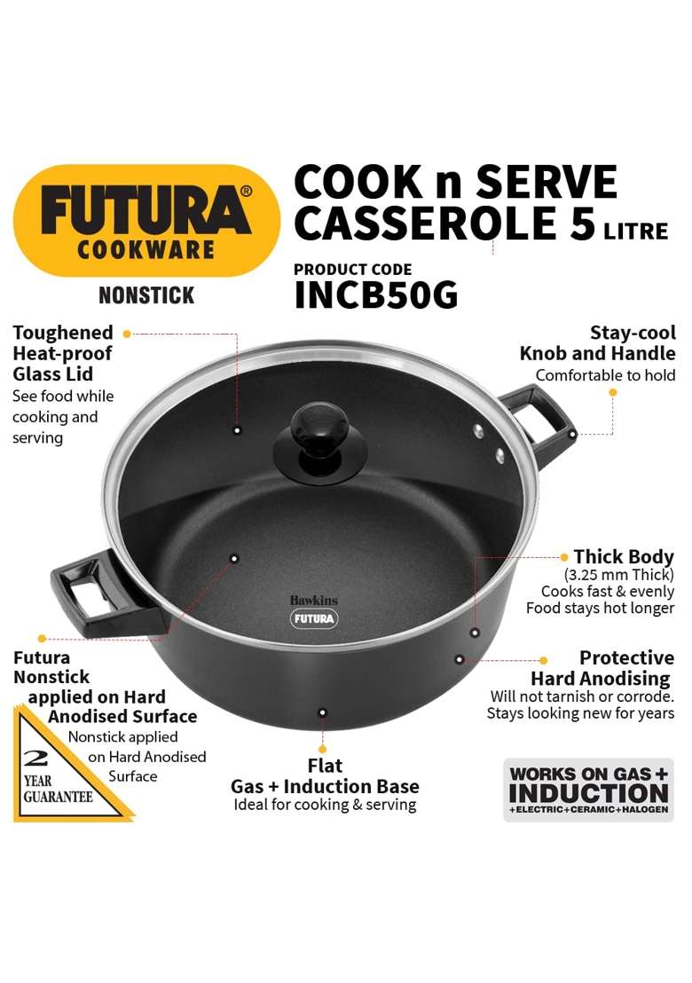 Hawkins Futura Cook N Serve Casserole | 5 L | 5.3 Qt | Induction Compatible | Non-Stick | With Lid - Indya