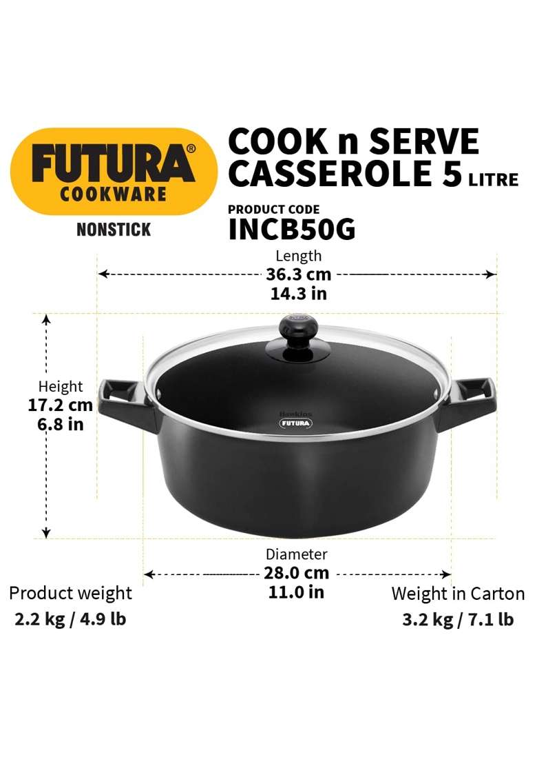 Hawkins Futura Cook N Serve Casserole | 5 L | 5.3 Qt | Induction Compatible | Non-Stick | With Lid - Indya