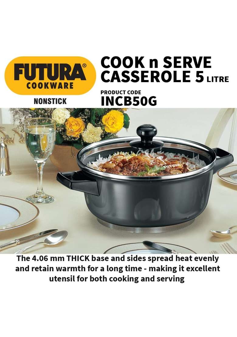 Hawkins Futura Cook N Serve Casserole | 5 L | 5.3 Qt | Induction Compatible | Non-Stick | With Lid - Indya