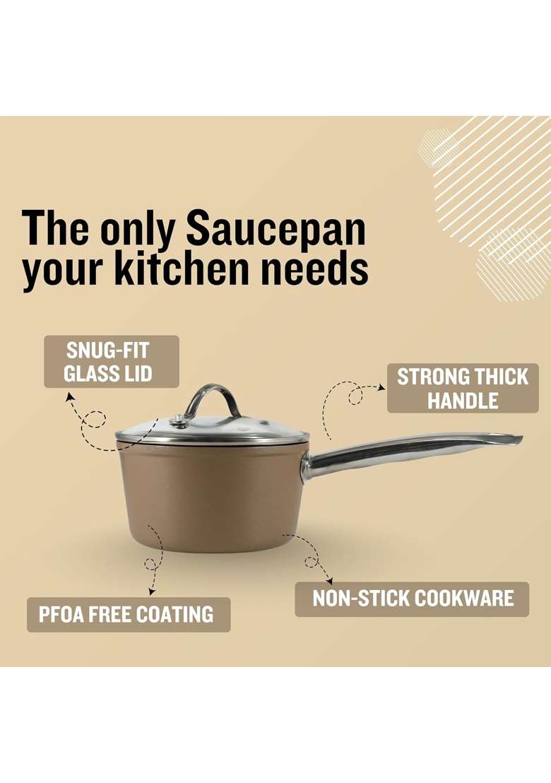 PLUMM Get Plumm Ceramic Sauce Pan with Glass Lid | 1.5 L | 1.6 Qt | 16 cm | 6.3 Inch | Induction Compatible | Non-Stick - Indya