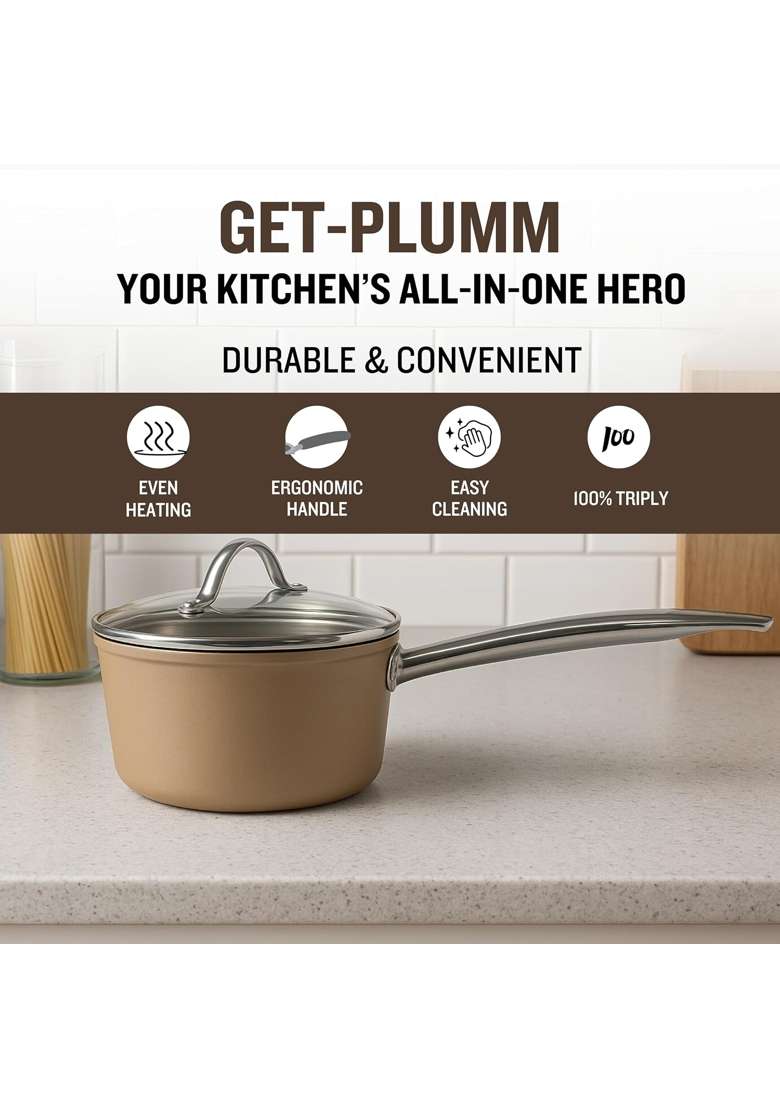 PLUMM Get Plumm Ceramic Sauce Pan with Glass Lid | 1.5 L | 1.6 Qt | 16 cm | 6.3 Inch | Induction Compatible | Non-Stick - Indya