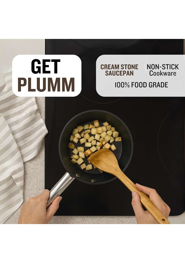 PLUMM Get Plumm Ceramic Sauce Pan with Glass Lid | 1.5 L | 1.6 Qt | 16 cm | 6.3 Inch | Induction Compatible | Non-Stick - Indya