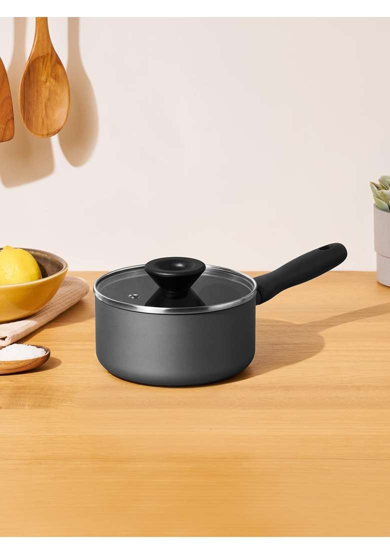 Meyer Bauhaus Aluminium Non-Stick Saucepan Milk Pan with Glass Lid | 1.5 L | 1.6 Qt | 16 cm | 6.3 Inch | Induction Compatible | Non-Toxic - Indya