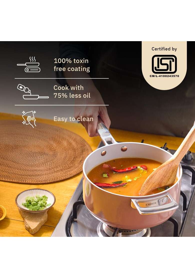Ember Cookware Arcilla Ceramic Saucepan | 20 cm | 7.9 Inch | Induction Compatible | PFOA Free | Non-Stick - Indya