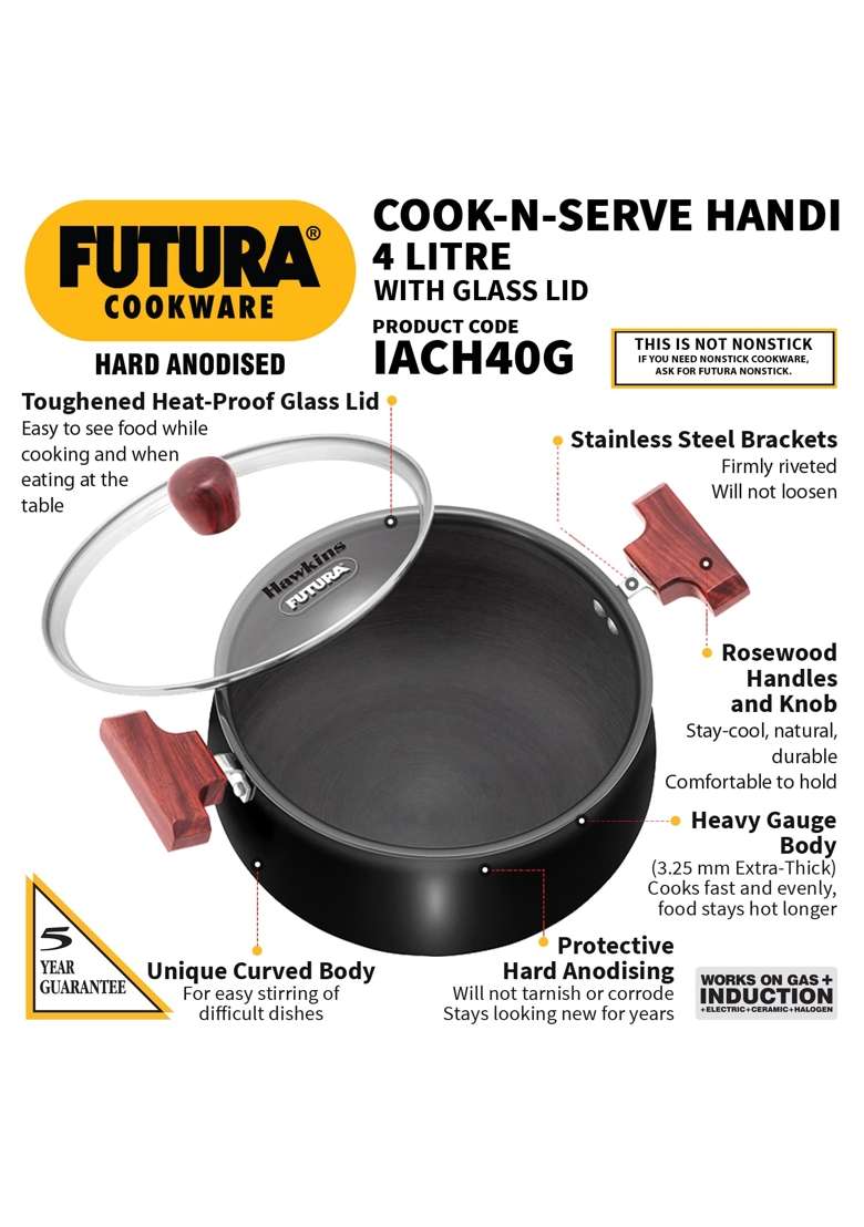 Hawkins Futura Non-Stick Cook in Serve Handi Cooking Pot | 4 L | 4.2 Qt | Induction Compatible | With Lid - Indya