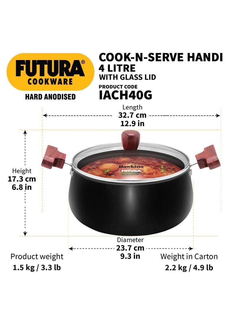 Hawkins Futura Non-Stick Cook in Serve Handi Cooking Pot | 4 L | 4.2 Qt | Induction Compatible | With Lid - Indya