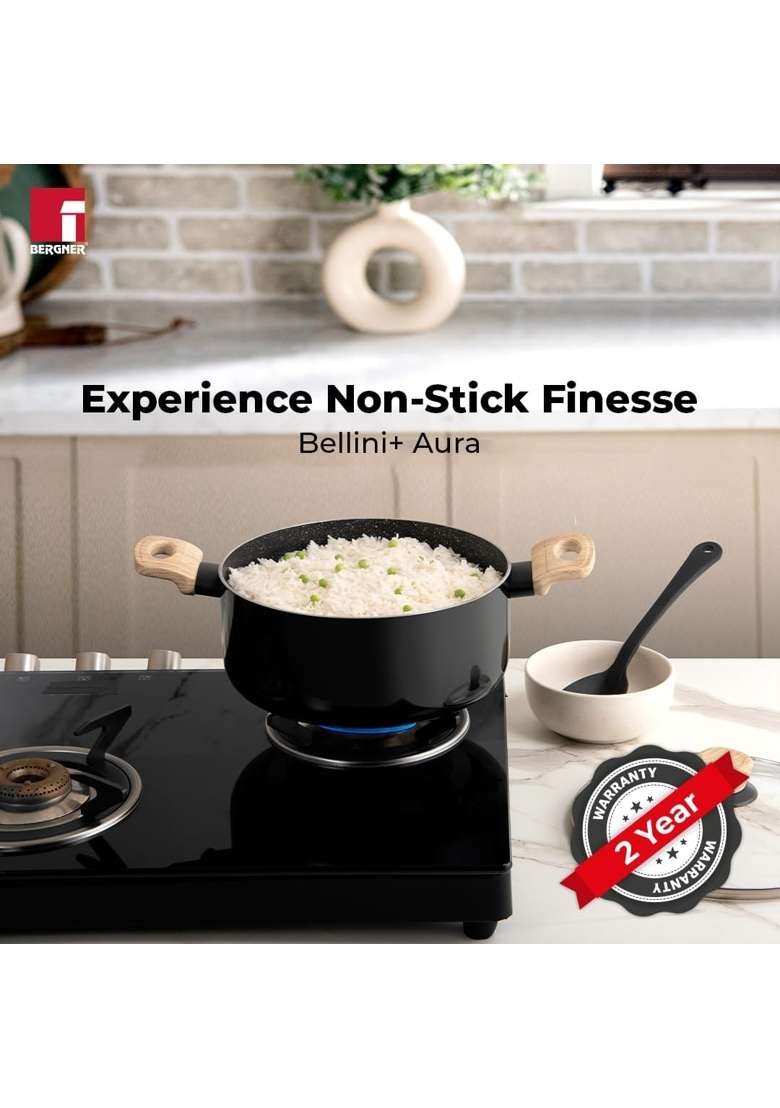 BERGNER Bellini Plus Aura 5-Layer Non-Stick Casserole with Glass Lid | 2.5 L | 2.6 Qt | 20 cm | 7.9 Inch | Induction Compatible - Indya