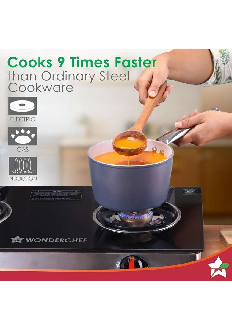 Wonderchef Eco-Glide Saucepan Chemical-Free Ceramic Coating | 1.75 L | 1.8 Qt | 16 cm | 6.3 Inch | Induction Compatible | Non-Toxic - Indya