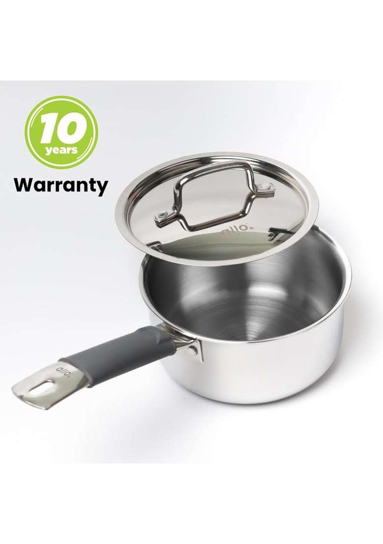 Allo Triply Stainless Steel TriPly Sauce Pan | 1 L | 1.1 Qt | 14 cm | 5.5 Inch | Induction Compatible | Non-Stick | With Lid - Indya