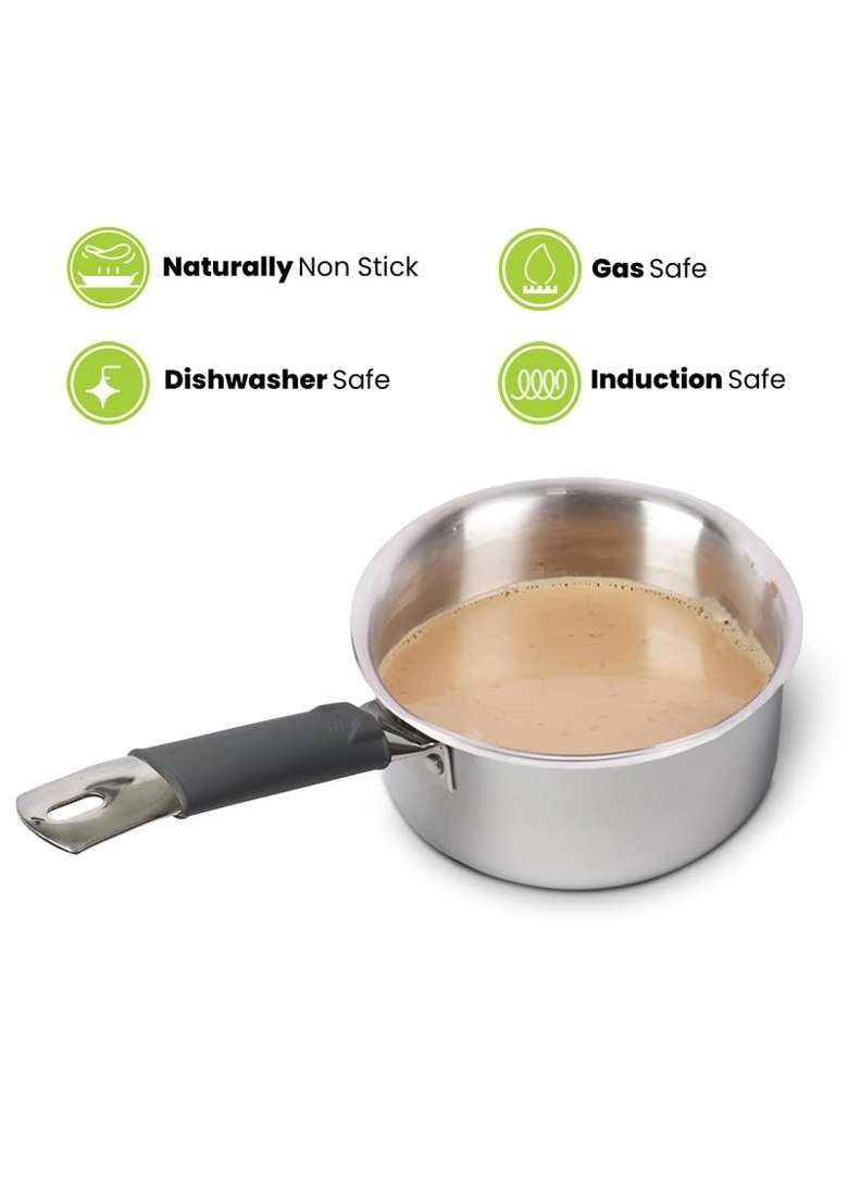 Allo Triply Stainless Steel TriPly Sauce Pan | 1 L | 1.1 Qt | 14 cm | 5.5 Inch | Induction Compatible | Non-Stick | With Lid - Indya