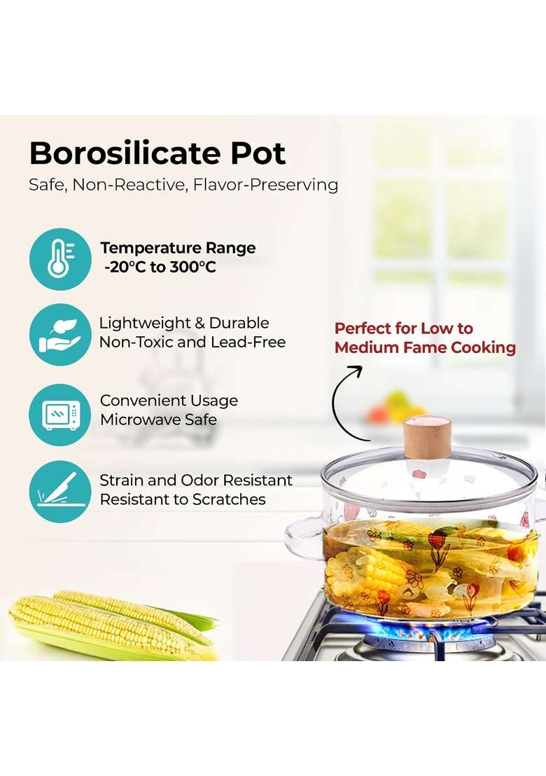 The Better Home Zeno Borosilicate Glass Cookware for Gas Stove | 1.45 L | 1.5 Qt | Non-Stick | With Lid - Indya