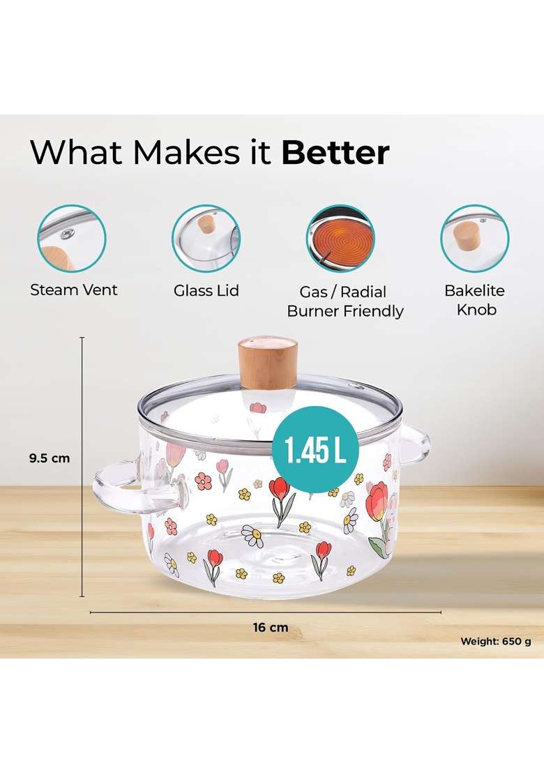 The Better Home Zeno Borosilicate Glass Cookware for Gas Stove | 1.45 L | 1.5 Qt | Non-Stick | With Lid - Indya