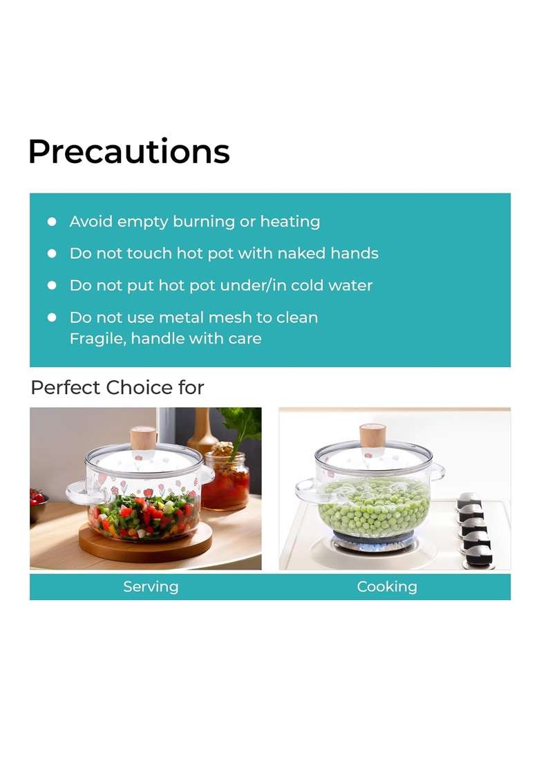 The Better Home Zeno Borosilicate Glass Cookware for Gas Stove | 1.45 L | 1.5 Qt | Non-Stick | With Lid - Indya