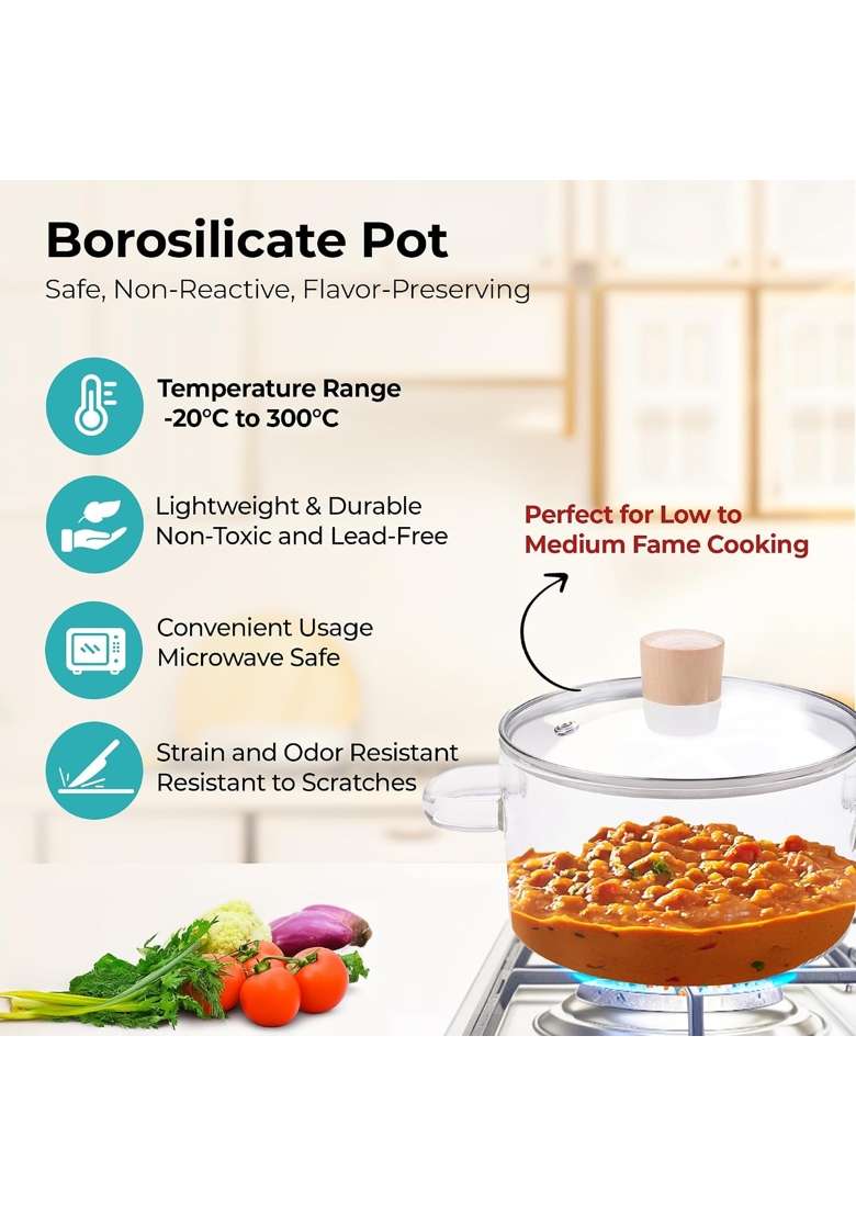 The Better Home Zeno Borosilicate Glass Cookware for Gas Stove | 1.45 L | 1.5 Qt | With Lid - Indya