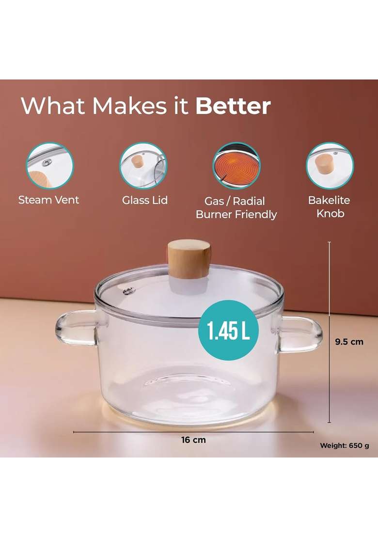 The Better Home Zeno Borosilicate Glass Cookware for Gas Stove | 1.45 L | 1.5 Qt | With Lid - Indya