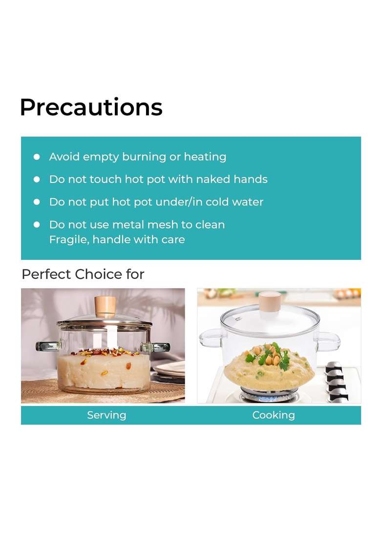 The Better Home Zeno Borosilicate Glass Cookware for Gas Stove | 1.45 L | 1.5 Qt | With Lid - Indya