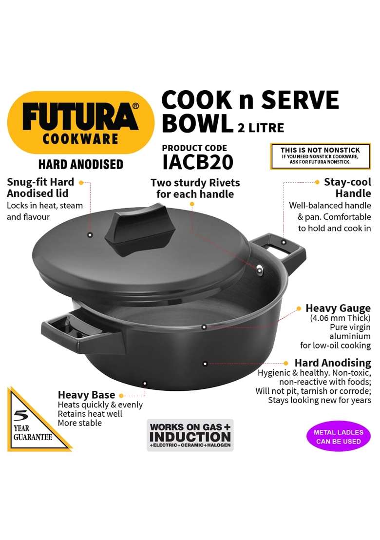 Hawkins Aluminium Futura Cook N Serve Bowl | 2 L | 2.1 Qt - Indya