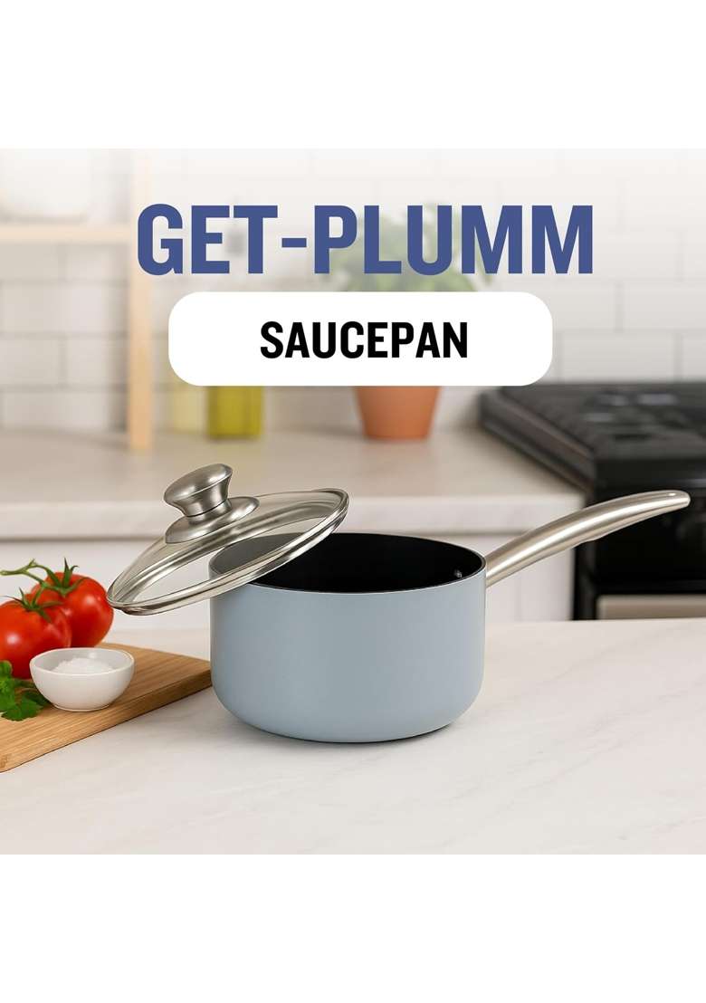 PLUMM Get Plumm Sauce Pan | 1.5 L | 1.6 Qt | 16 cm | 6.3 Inch | Induction Compatible | Non-Stick | With Lid - Indya