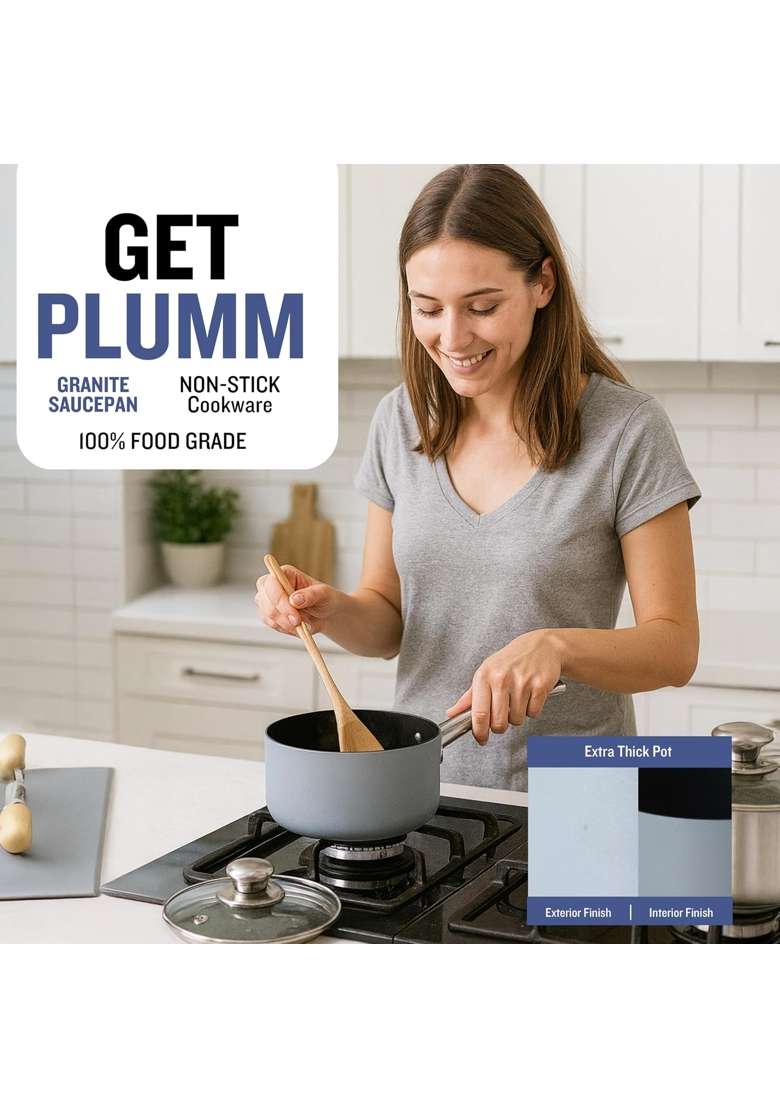 PLUMM Get Plumm Sauce Pan | 1.5 L | 1.6 Qt | 16 cm | 6.3 Inch | Induction Compatible | Non-Stick | With Lid - Indya
