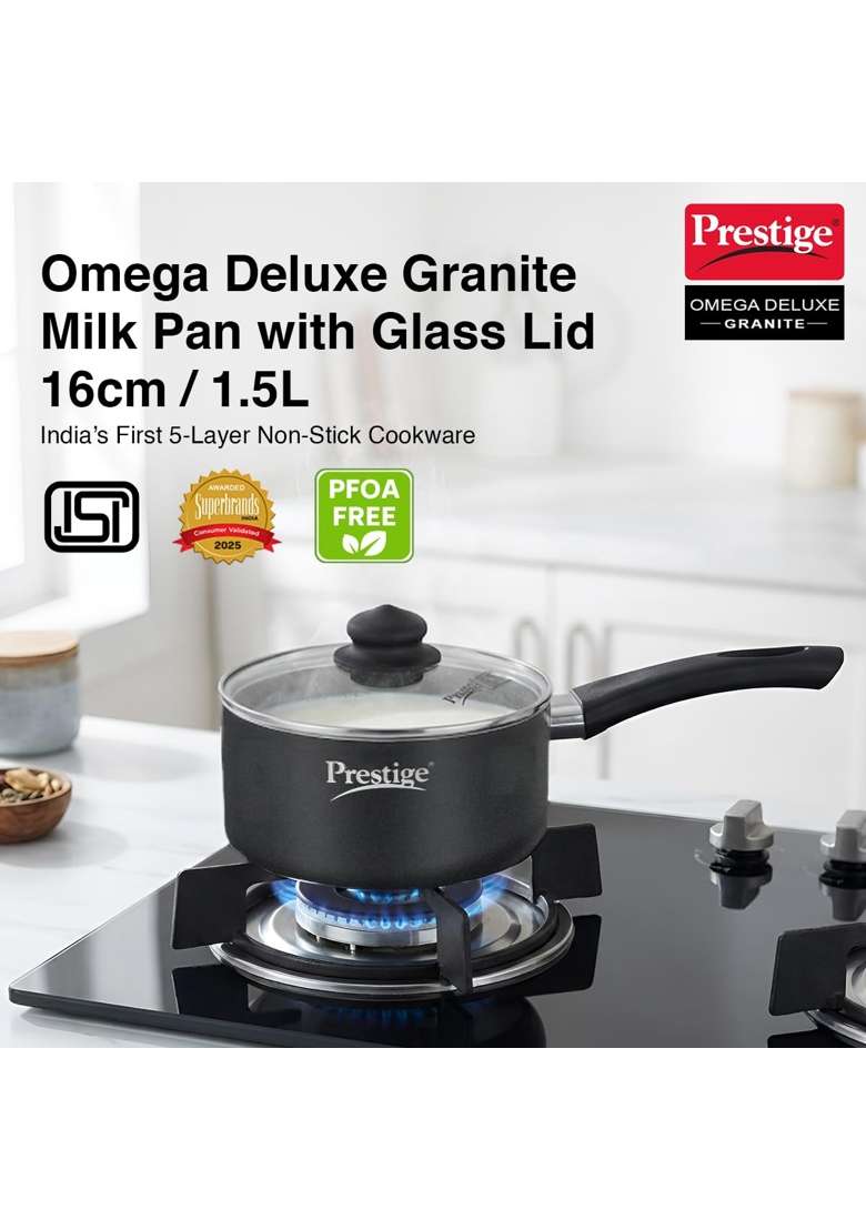 Prestige Omega Deluxe Granite Non Stick Milk Pan with Lid | 1.5 L | 1.6 Qt | 16 cm | 6.3 Inch - Indya