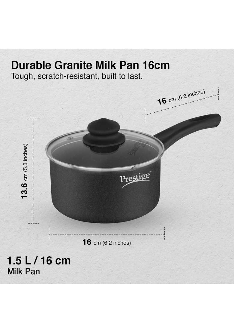 Prestige Omega Deluxe Granite Non Stick Milk Pan with Lid | 1.5 L | 1.6 Qt | 16 cm | 6.3 Inch - Indya