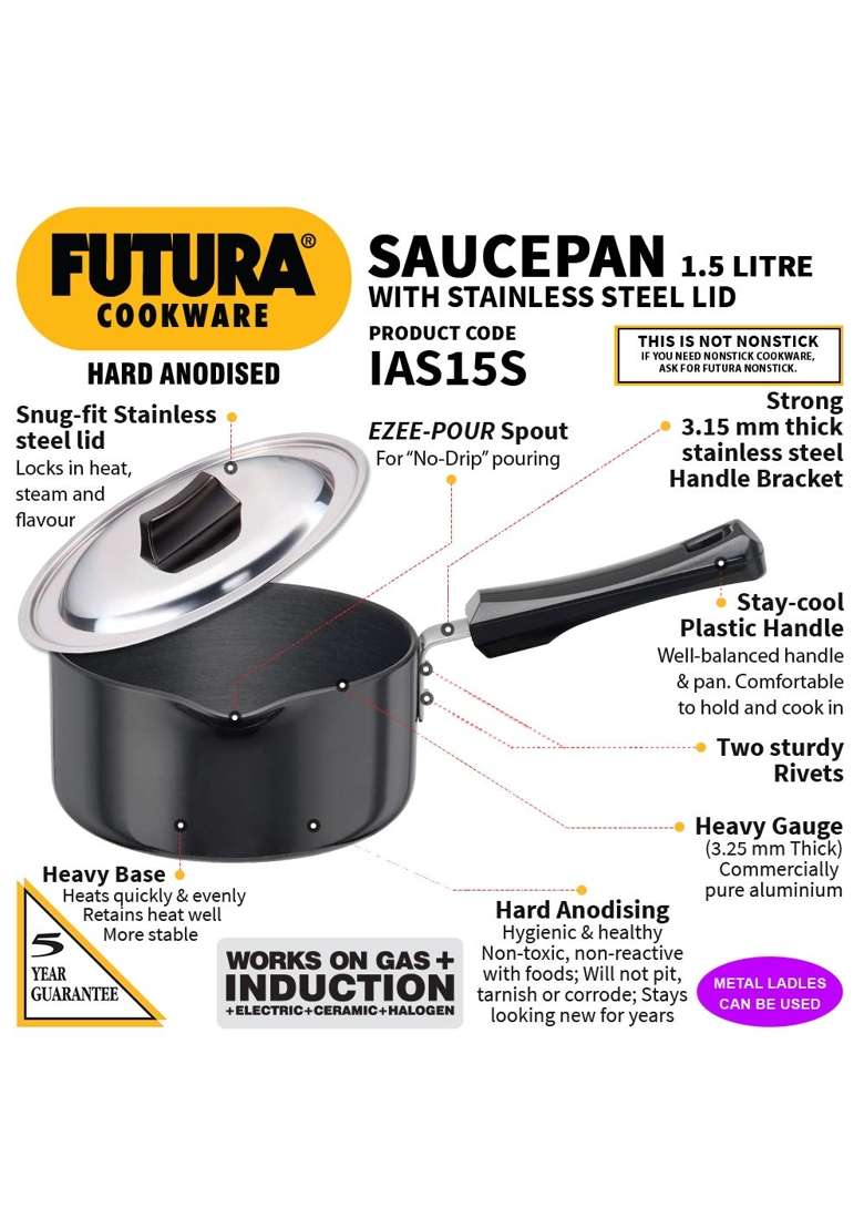 Hawkins Futura Saucepan | 1.5 L | 1.6 Qt | Induction Compatible | With Lid - Indya