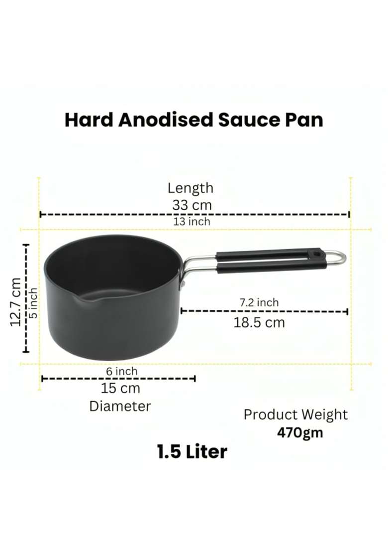 LAZYwindow Hard Anodised Sauce Pan | 1.5 L | 1.6 Qt | Induction Compatible | Non-Toxic - Indya