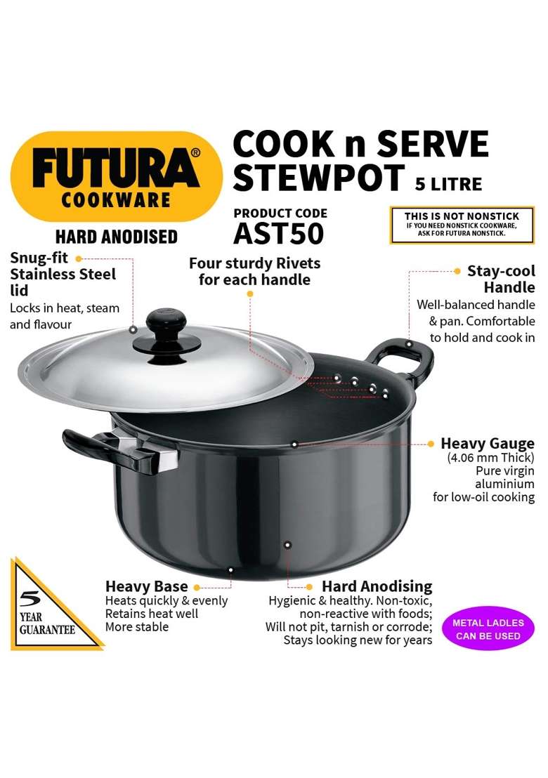 Hawkins Futura Cook N Serve Stewpot | 5 L | 5.3 Qt | With Lid - Indya