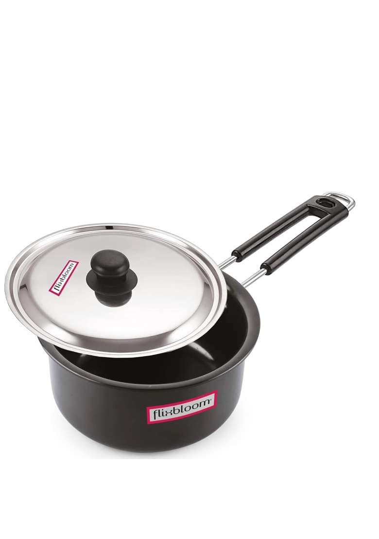 FLIXBLOOM Edge Hard Anodised Big Sauce Pan Induction Base Gas Stovetop Friendly Deep | 3 L | 3.2 Qt | With Lid - Indya