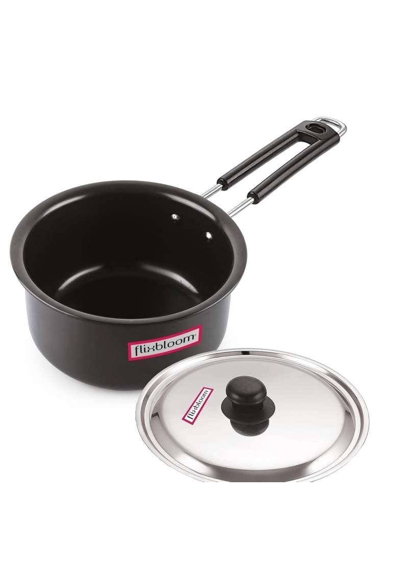 FLIXBLOOM Edge Hard Anodised Big Sauce Pan Induction Base Gas Stovetop Friendly Deep | 3 L | 3.2 Qt | With Lid - Indya