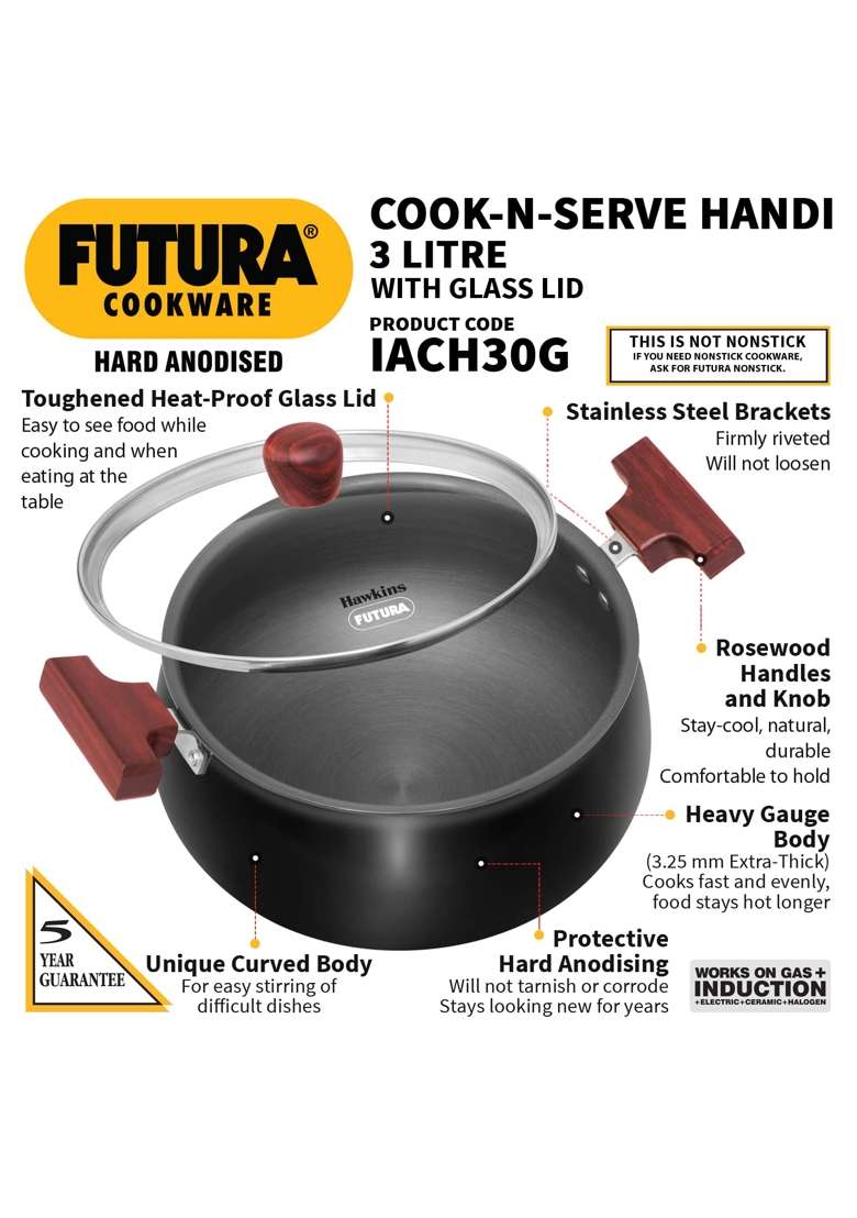 Hawkins Futura Cook N Serve Handi Cooking Pot | 3 L | 3.2 Qt | Induction Compatible | With Lid - Indya