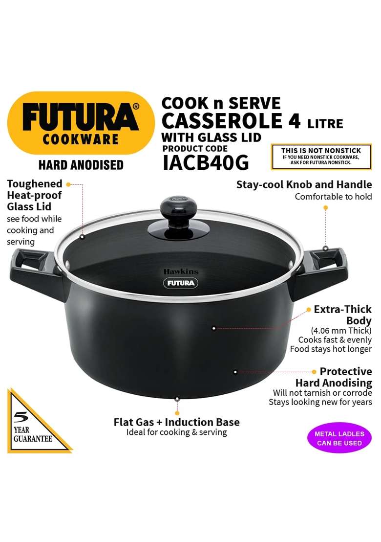 Hawkins Futura Cook N Serve Casserole | 4 L | 4.2 Qt | With Lid - Indya