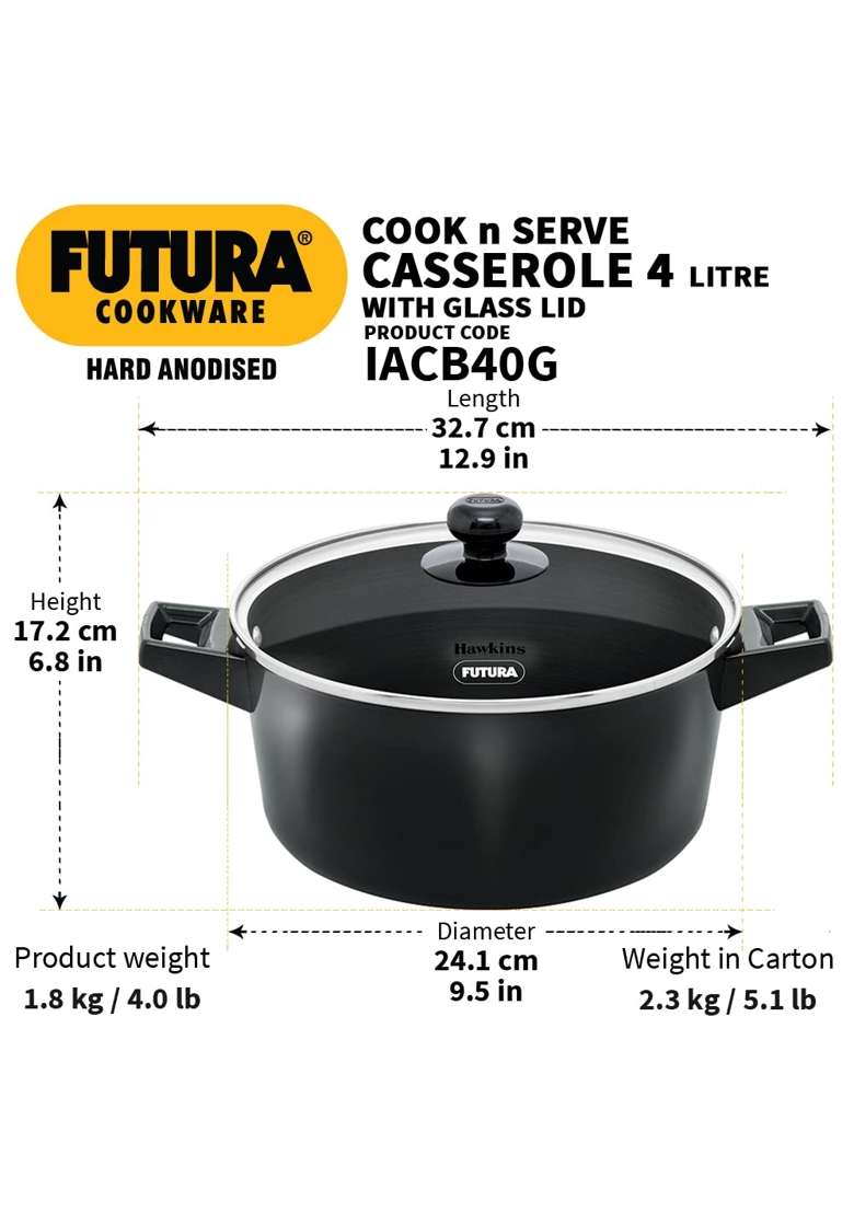 Hawkins Futura Cook N Serve Casserole | 4 L | 4.2 Qt | With Lid - Indya