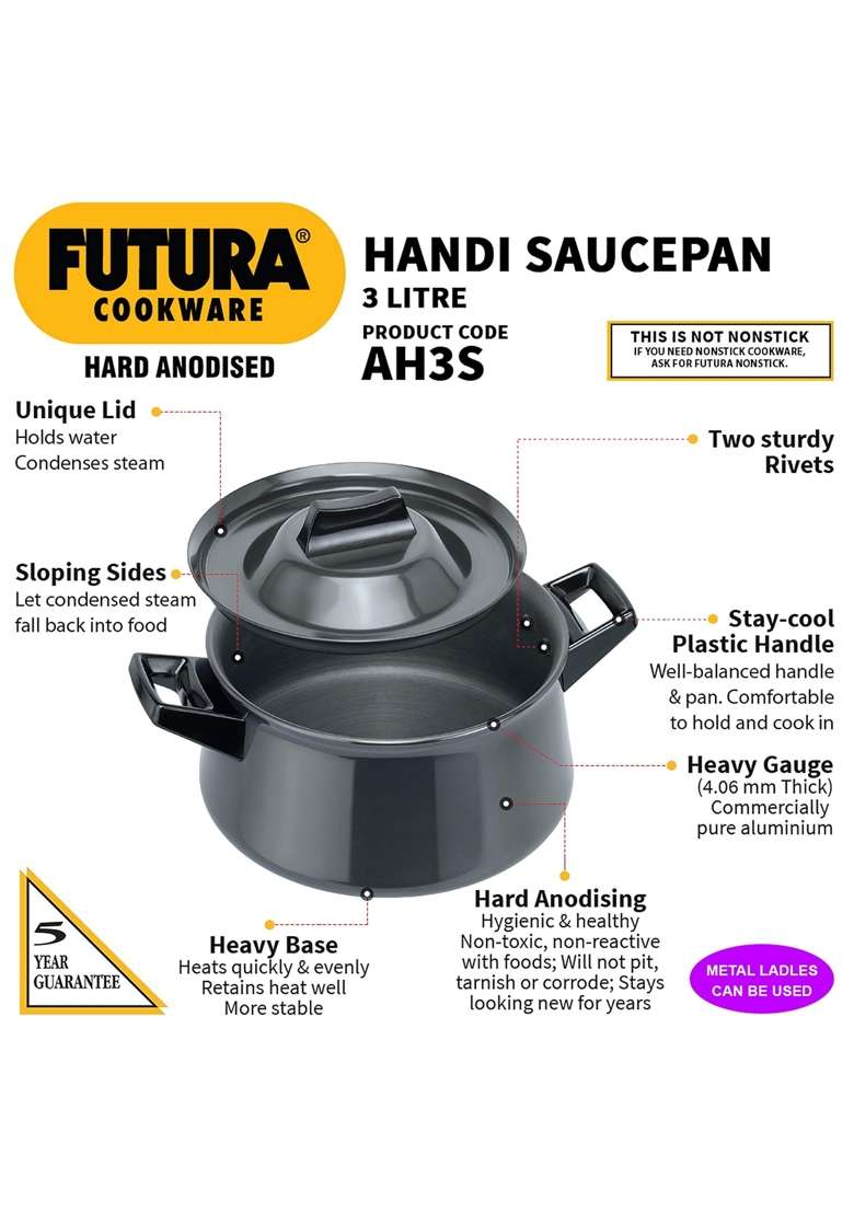 Hawkins Futura Hard Anodised Handi Cooking Pot Saucepan with Hard Anodised Lid | 3 L | 3.2 Qt | 21 cm | 8.3 Inch | Non-Stick - Indya